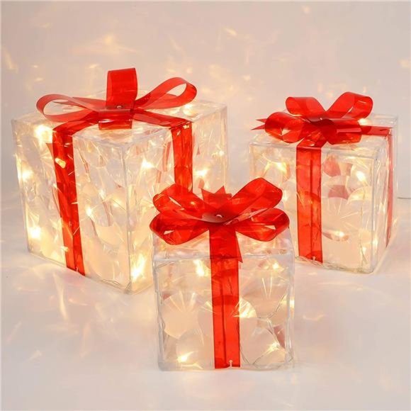 Christmas Lighted Boxes, Set of 3 60 LED Light Up Decor...